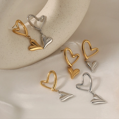 Heart Pendant Earrings 316 Stainless Steel Double Layer PVD Gold Plated Hypoallergenic Elegant Fashion Jewelry For Women