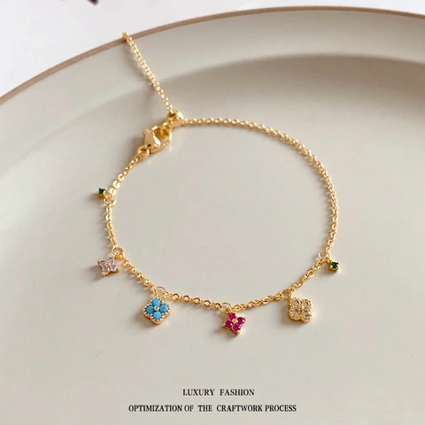 Elegant Gold Plated Copper Bracelet With Colorful Zircon Clover Flower Charms Adjustable Link Chain For Women