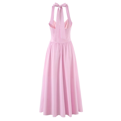 Halter Midi Jurk Open Rug Knoopsluiting Strik A-Lijn Polyester Elegant Zomer Sexy Dames