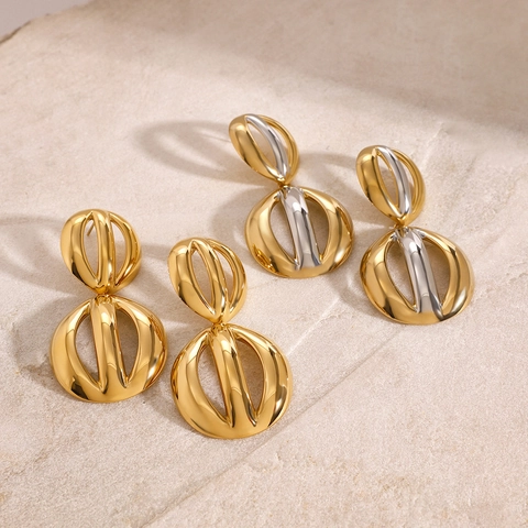 Exaggerated Stainless Steel Double Hollow Sphere Drop Earrings For Women High Polish Gold Silver Geometric Statement Jewelry