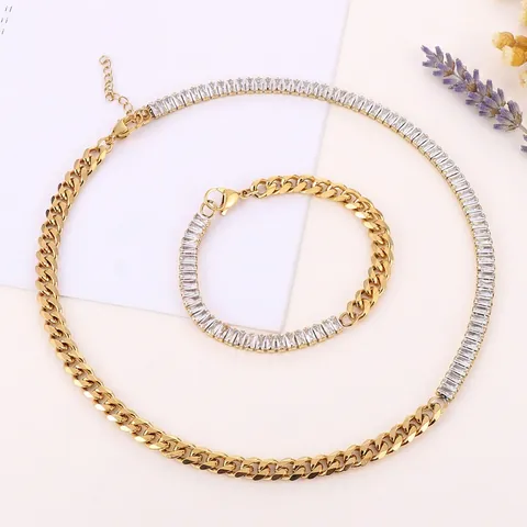 Collar Y Pulsera De Eslabones Cubanos De Acero Inoxidable Con Circonita Rectangular Diseño Empalmado Joyas De Fiesta Elegantes