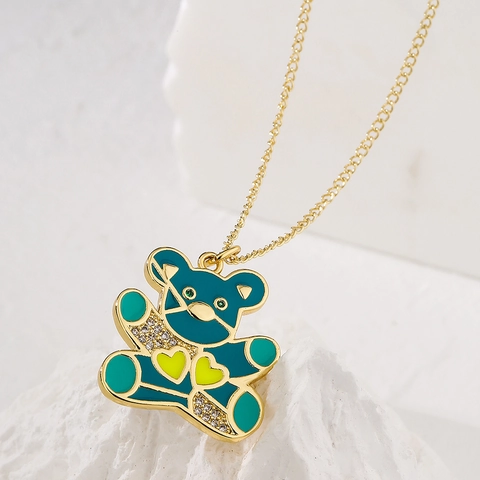 Cartoon Bär Anhänger Halskette Kupfer 18K Vergoldet Emaille Bunte Herz Zirkon Inlay Mode Schmuck Für Damen