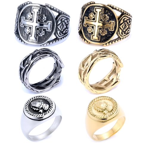 Men Vintage Stainless Steel Ring Jerusalem Cross Praying Hands Thorn Gothic Punk Religious Jewelry Polished Finish