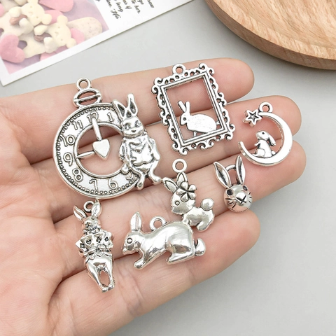 Antique Silver Easter Bunny Alloy Pendants Multiple Styles Rabbit Moon Clock Shapes For DIY Jewelry Making Keychain Pendant