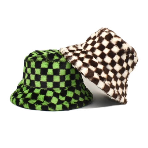 Cappello Bucket A Scacchi Peluche Pelliccia Sintetica Inverno Caldo Morbido Esterno Accessorio Di Moda Per Donna