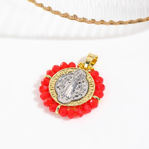 Religieuze Sint Benedictus Medaille Ketting Koper Verguld Rond Kristallen Kralen Vintage Sieraden Voor Dames