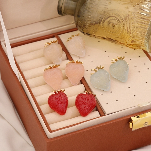 Cute Strawberry Stud Earrings Stainless Steel Resin Sweet Fruit Jewelry For Women Accessory