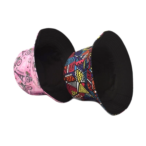Reversible Bucket Hat Polyester Breathable Sun Protection Retro Geometric Paris Print Double Sided Summer Fishing Hat Women