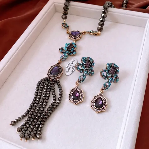 Gioielli Barocchi Vintage Collana E Orecchini A Goccia Lega Strass Con Perno In Argento Goccia Viola Lusso Donna