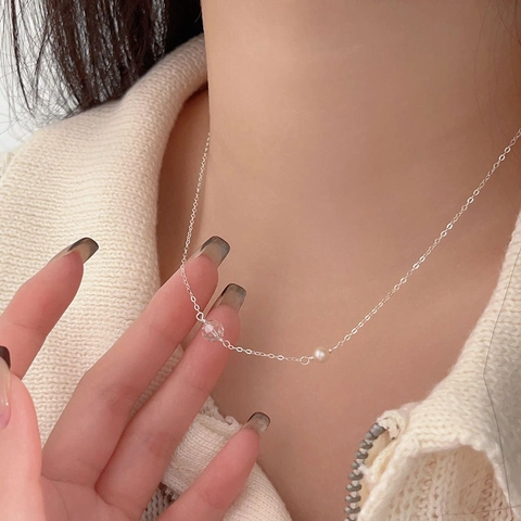 Collar De Plata De Ley 925 Con Perla Artificial Y Cristal Minimalista Elegante Estilo Coreano Joyería Para Mujer