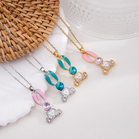 Eleganter Kaninchen Anhänger Halskette Für Damen Kupfer Emaille Eingelegter Strass Künstliche Perle Mode Gold Silber Kette Schmuck