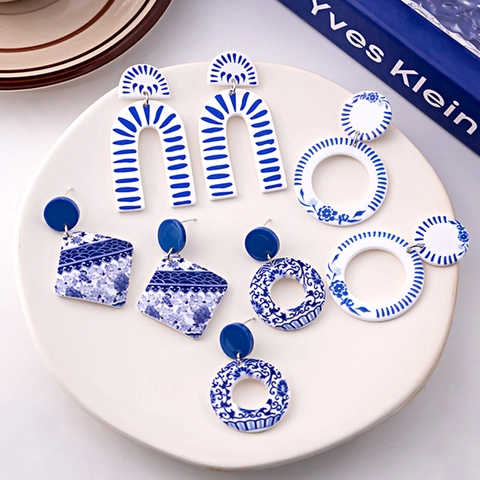 Blauw En Wit Porselein Acryl Hangende Oorbellen Met 925 Sterling Zilveren Oorknopjes Retro Chinese Stijl Sieraden Dames