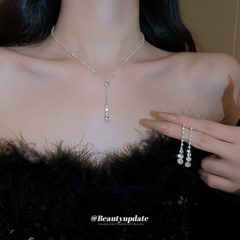 Collar Y Pendientes De Cobre Con Diamantes De Imitación En Forma De Y Borla Para Mujer Joyas De Boda Fiesta Lujo
