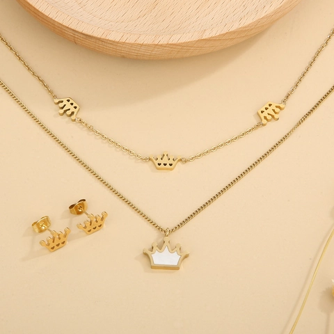 Stainless Steel Layered Necklace And Stud Earrings Heart Crown Evil Eye Shell Inlay Vintage French Style Women Gold Plated