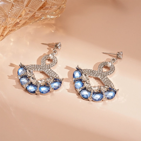 Pendientes Colgantes Geométricos Ovalados De Lujo Vintage Con Piedras Azules Aleación Con Poste De Plata Para Mujer