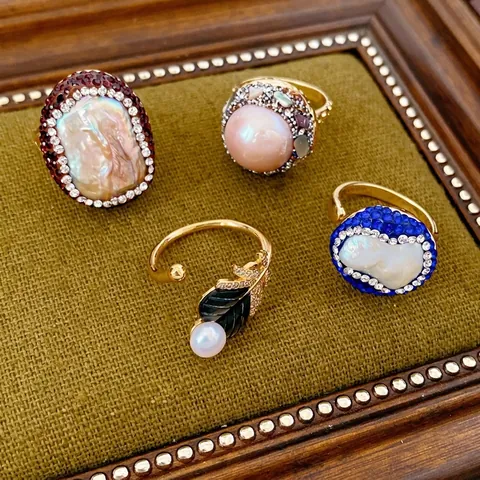 Anillo Perla Barroca Artificial Vintage Mujeres Cobre Chapado Oro Circón Geométrico Hoja Pluma Forma Joyería Lujo