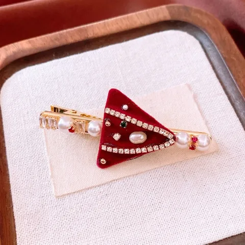 Molletta Per Capelli Triangolo Retro Con Velluto Floccato Rosso Perla Artificial Sintetica E Zircone Gioielli Per Capelli