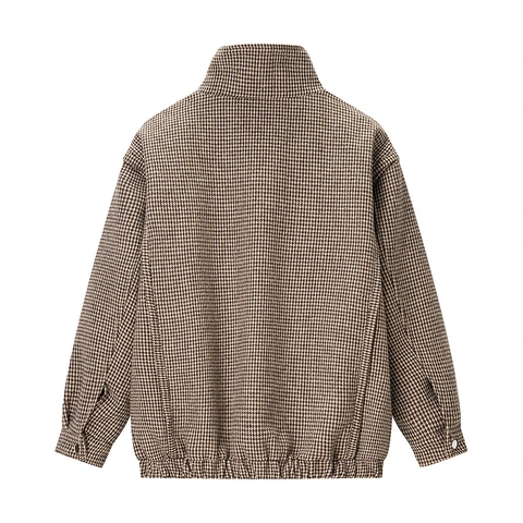 Dames Jas Met Hahnentritt Motief Retro Opstaande Kraag Rits Losse Pasvorm Herfst Winter Tweed