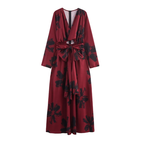 Polyester Wine Red Ink Floral Print Maxi Dress Deep V Neck Long Sleeve Knot Front Elegant High Waist Women