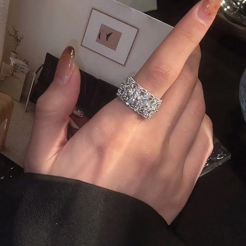 Anillo Abierto Flor Zircón Ajustable Elegante Banda Ancha Racimo Marquise Corte Joyería Metal Color Plata