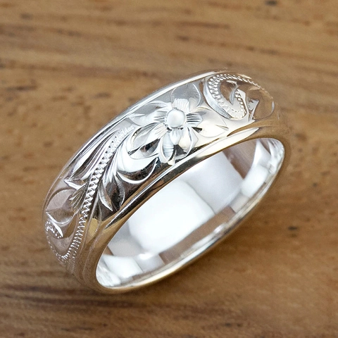 Hawaiian Floral Hibiscus Carved Scroll Band Ring Copper Silver Tone Vintage Classic Jewelry Men Women