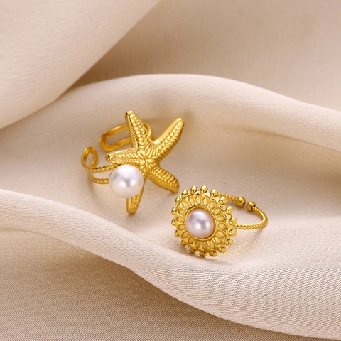 Edelstahlringe Mit Kunstperlen Seestern Sonnenblume Ozean Sommer Strand Verstellbares Offenes Band Für Damen Modeschmuck