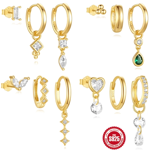 Ensemble de Boucles d'Oreilles Argent Sterling S925 Pour Femmes Plaque Or Géométrique Zirconia Créoles Pendentif Goutte Amovible Bijoux