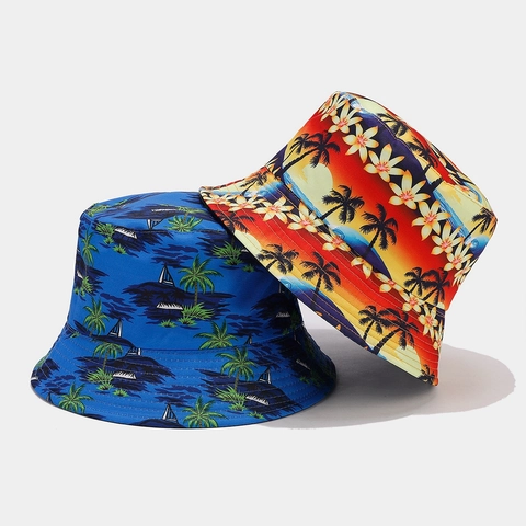 Unisex Tropical Coconut Tree Print Bucket Hat Polyester Reversible Summer Beach Vacation Sun Protection Sunshade Cap