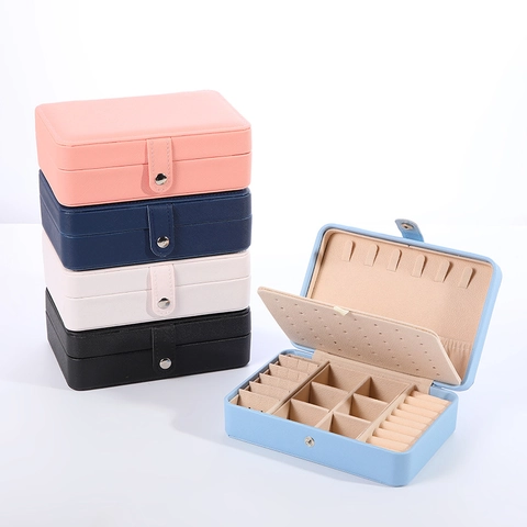 Portable PU Leather Jewelry Box Double Layer Organizer Storage Case With Snap Button For Earrings Rings Necklaces Women Girls