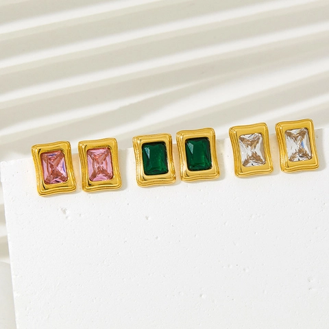 Emerald Cut Cubic Zirconia Stud Earrings Stainless Steel 14K Gold Plated Geometric Square French Retro Elegant For Women