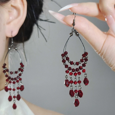 Wine Red Faceted Glass Bead Tassel Earrings Gun Black Alloy Teardrop Dangle Retro Bohemian Elegant Style For Women