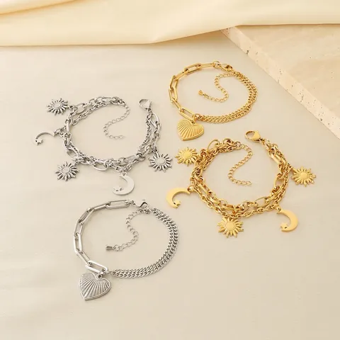 Stainless Steel Gold Plated Heart Sun Moon Pendant Bracelet Layered Link Chain Stylish Commuter Jewelry Accessory For Women