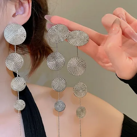 Pendientes Largos Geométricos De Metal Texturizado Con Poste De Plata Círculos Múltiples Joyería De Moda Para Mujeres