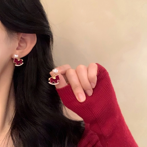 Rocking Horse Stud Earrings With Faux Artificial Pearl And Red Flocking 925 Sterling Silver Earring Post Alloy Jewelry For Women