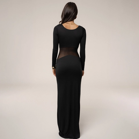 Dames Maxi Jurk Mesh Patchwork Transparante Taille Lange Mouwen Bodycon Sexy U-Hals Effen Kleur Slim Fit