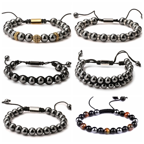 Handmade Beaded Bracelet Natural Tiger Eye Hematite Stone Adjustable Woven Rope Jewelry Gift Unisex