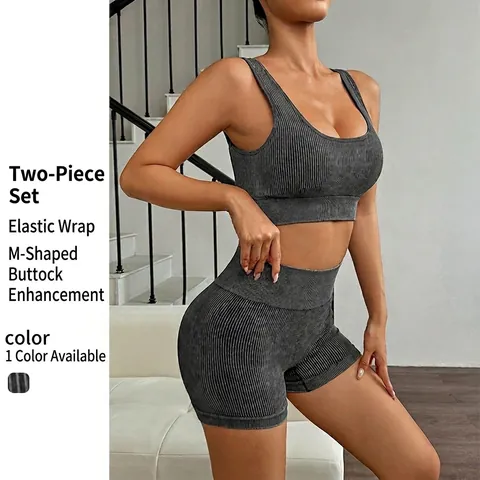Ensemble De Yoga Sans Couture À Côtes Femme Brassière De Sport Et Short Taille Haute Tenue De Fitness Respirant