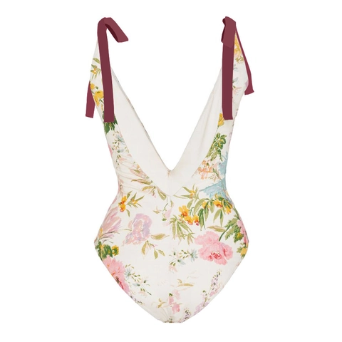 Women One Piece Swimsuit And Sarong Wrap Floral Print V Neck Backless Shoulder Bow Polyester Beachwear