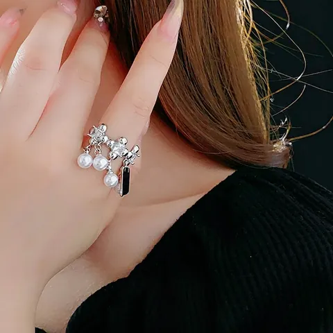 Elegante Anello Aperto Con Pendente In Perla Artificial E Zircone Quadrato Da Donna Gioielli Di Moda In Rame Regolabili