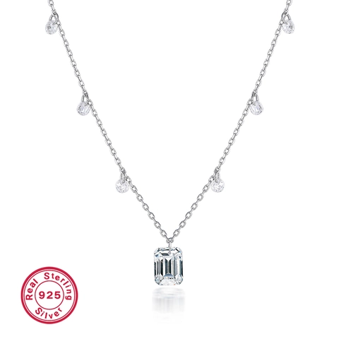 925 Sterling Silver Square Zirconia Pendant Necklace For Women Elegant Minimalist Electroplated Silver Clavicle Chain Jewelry Gift