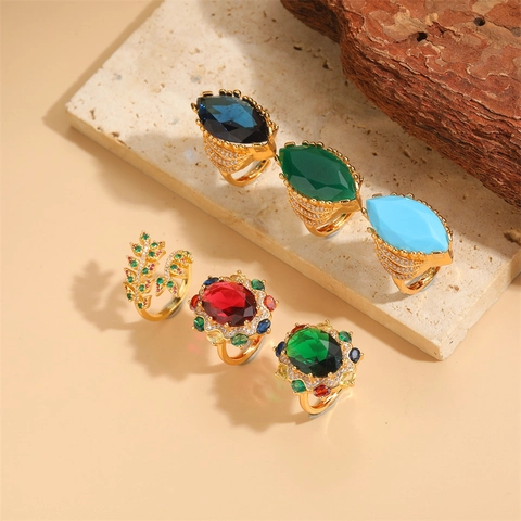 Anillo Ajustable Abierto Barroco Retro Con Circonita Marquesa Para Mujer Cobre Bañado En Oro 14K Cristal Colorido Joyería