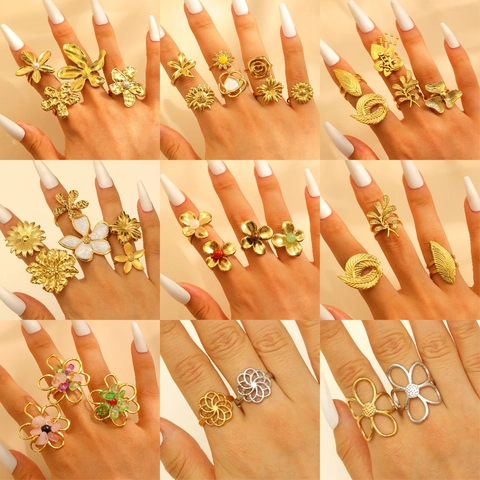 Stainless Steel Flower Leaf Open Rings For Women Gold Silver Plated Rose Daisy Sunflower Clover Adjustable Statement Jewelry