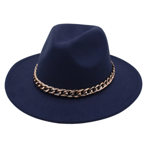Elegant Woolen Fedora Hat With Metallic Chain Decor Wide Brim Vintage Jazz Cap For Men Women Fashion Headwear