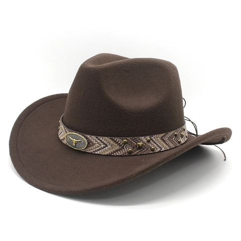 Western Cowboy Hat Retro Ethnic Style Woolen Felt Wide Brim With Bull Head Metal Emblem And Rivets Unisex