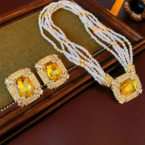 Retro Luxury Faux Artificial Pearl Multi-Strand Necklace Earrings Large Yellow Crystal Rhinestones Alloy Silver Earring Post Women