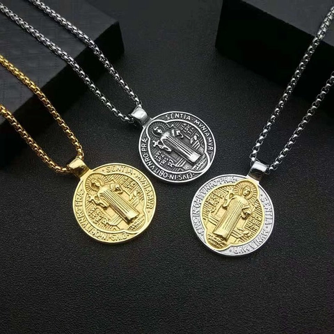 Saint Benedict Medal Pendant Necklace 316 Stainless Steel Vintage Punk Religious Jewelry For Men Box Chain Hip Hop Style