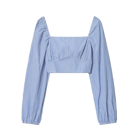 Damen Gestreiftes Crop Top Polyester Eckiger Ausschnitt Puffärmel Smocked Bluse Lässiger Französischer Stil