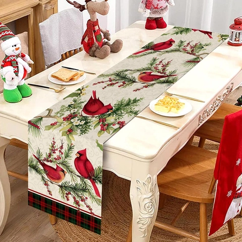Kerst Tafelloper Polyester Kardinaal Vogel Bes Dennenstak Geruite Rand Feestelijke Decoratie