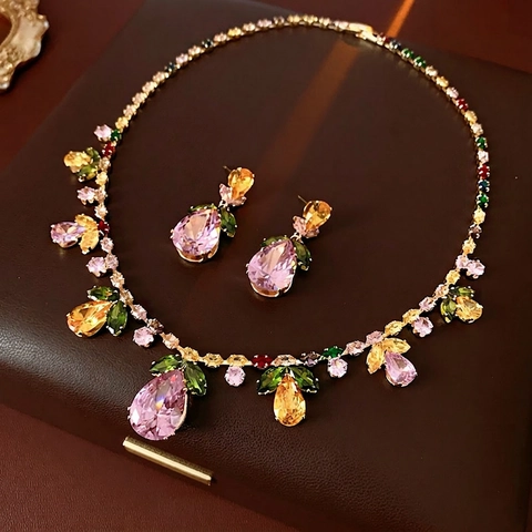 Elegant Jewelry For Women Multicolored Zircon Water Drop Leaf Necklace Earrings Copper Silver Earring Post Luxury Party