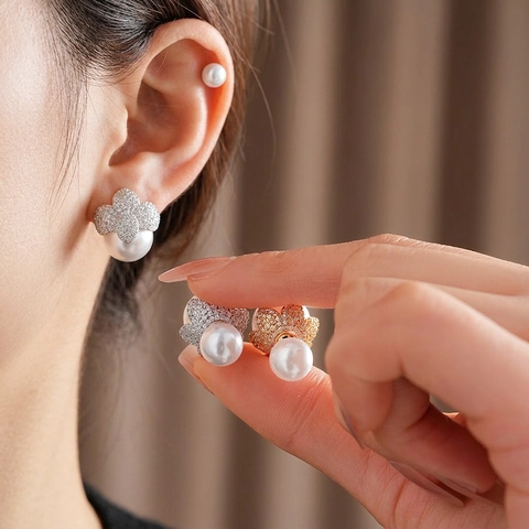 Elegant Double Sided Artificial Pearl Stud Earrings With Silver Earring Post Zircon Flower Copper Plated Vintage Jewelry For Women